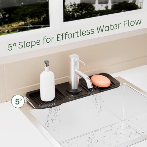 Kitchen Sink Splash Guard, Black 5° Sloped, Silicone Draining Mat for