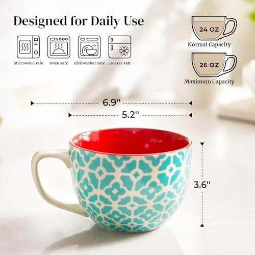 DOWAN 24 OZ Boho Mosaic Soup Mugs with Handle, Large Coffee Mugs Set