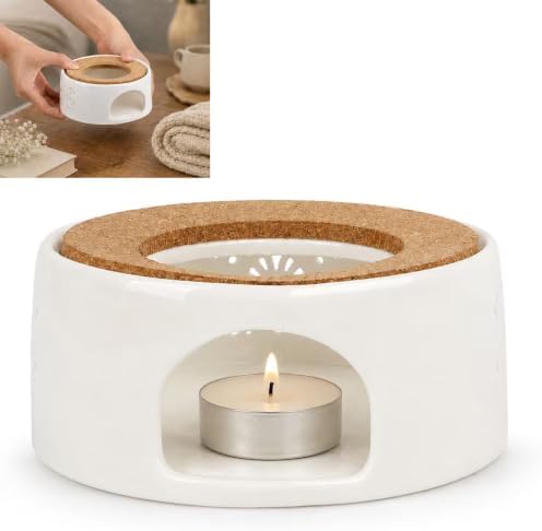 Ceramic Teapot Warmer with Cork Cushion, Tealight Heater for Tea &
