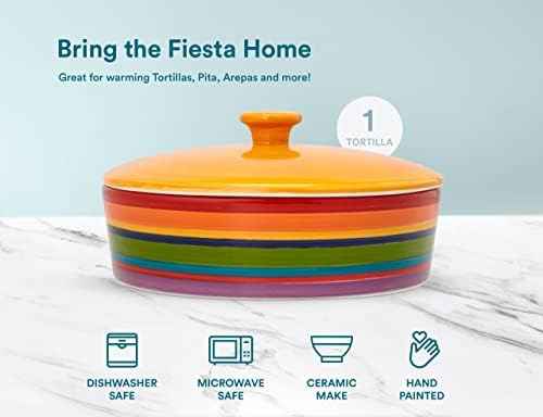 Kook Ceramic Tortilla Warmer, Hand Painted, with Lid, Rainbow Fiesta