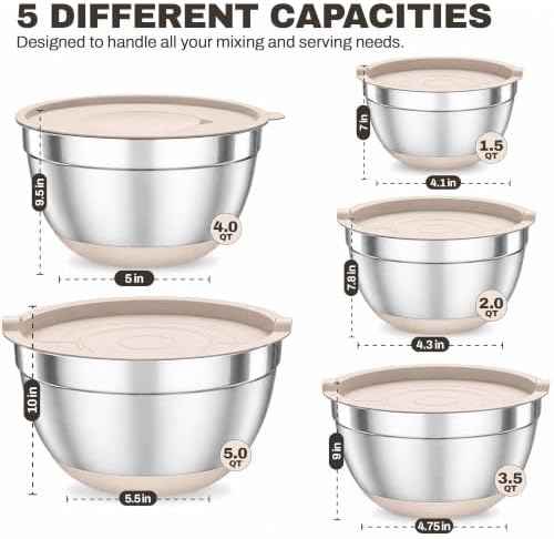 Four Flowers Stainless Steel Mixing Bowls with Lids, 11-Piece Nesting Set