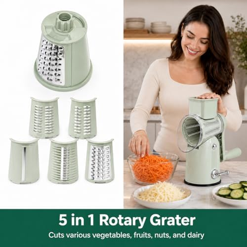 5-in-1 Rotary Cheese Grater with Hand Crank, Green