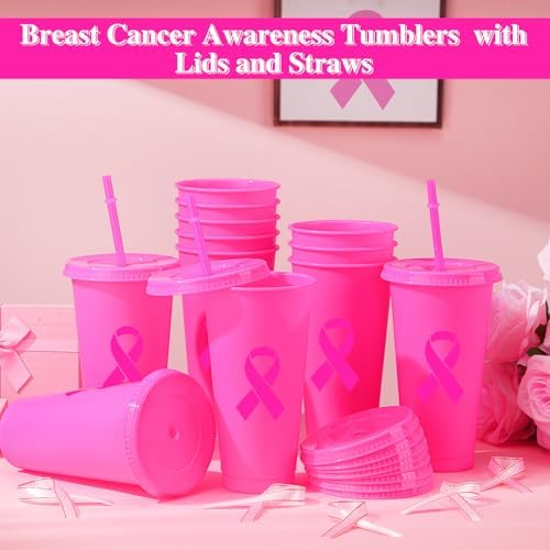 12 Pcs Breast Cancer Awareness Tumblers with Lids and Straws 24 oz