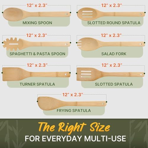 Wooden Utensil Set, Bamboo Utensils – 7 PCs Wood Spoons for Cooking