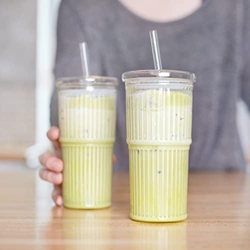 Birchland All Glass Iced Coffee Cup with Lid and Straw, Ribbed Glass