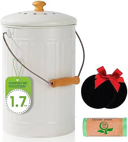 1.7 Gallon Kitchen Compost Bin with Lid, White