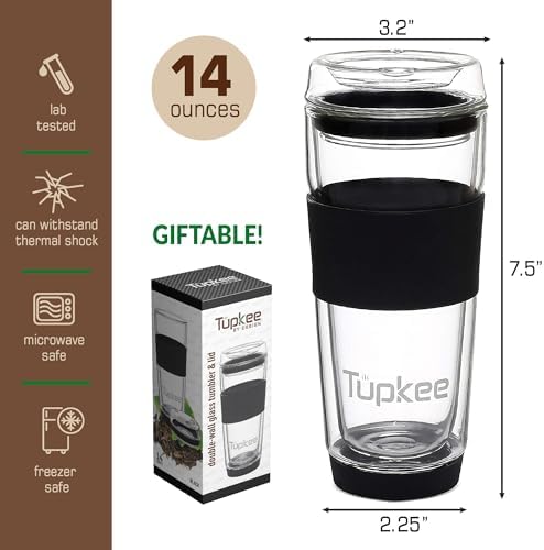 Double Wall Glass Tumbler, 14-Ounce Glass Travel Coffee Mug with Lid