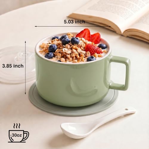 Ceramic Soup Bowls with Handles & Lids, Set of 2 with Spoons &