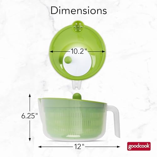 GoodCook Deluxe Salad Spinner - 6 Qt. Capacity, Easy Turn Knob, Built-In Pour Spout, Multi-Use Basket, Durable and Dishwasher-Safe, Large Capacity, Green