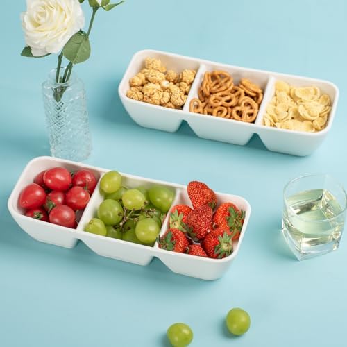 Ceramic Divided Serving Tray 11 Inch, 3 Compartment White Condiment Tray Set of 2, Stackable Chip and Dip Serving Dish for Entertaining, Appetizer Snack Platter for Party Holiday Game Day