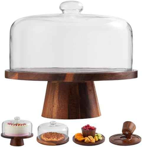 Acacia Wood Cake Stand with Glass Lid–12" Magnetic Base for