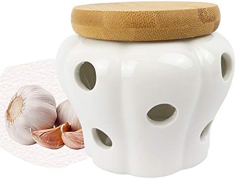 Ceramic Garlic Keeper with Bamboo Lid, 550 ml Vented White Stoneware