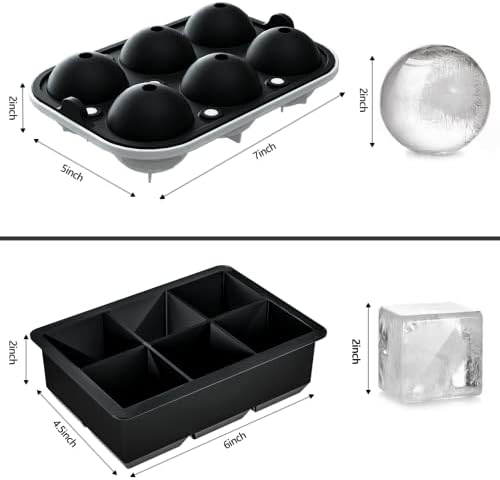 2 Pack Ice Cube Tray, 2" Sphere Ice Ball Mold with Lid & Large Square