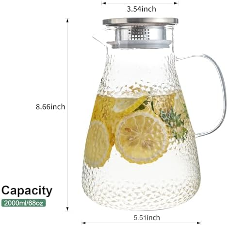 2.0 Liter 68 oz Glass Pitcher with Lid and Spout, Glass Carafe for