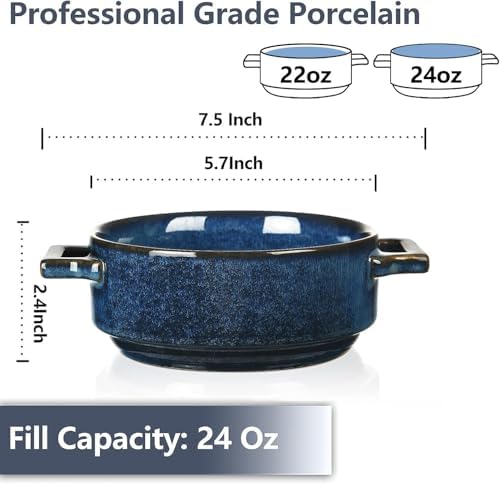 vicrays Ceramic Soup Bowls with Handles, 24 Oz Porcelain Soup Crocks
