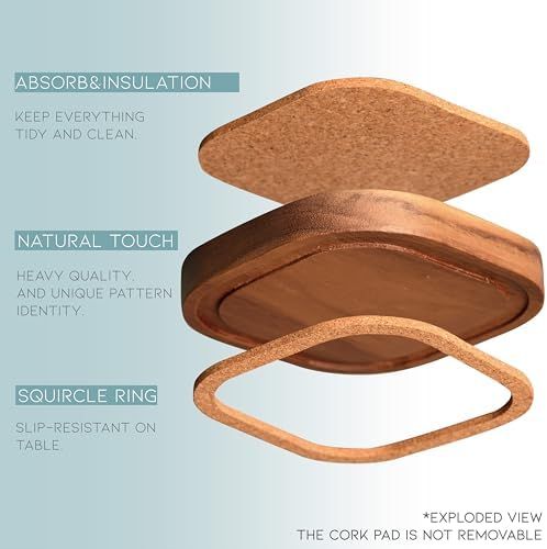Acacia Wood Coasters for Drinks, 4.13 Inch, Set of 6, Squircles