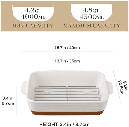MALACASA Large 9x13 Ceramic Baking Dish with Rack, 4.8 Qt, Khaki &