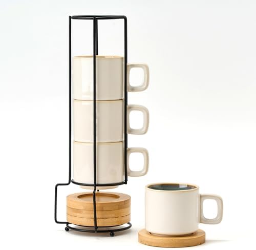 LUKA Porcelain Stackable Espresso Cups with Saucers and Metal Stand