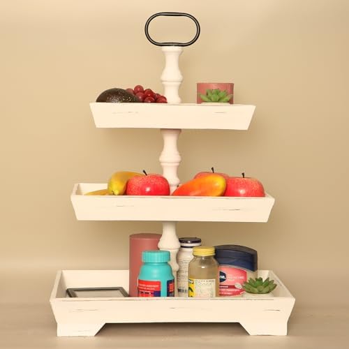 3 Tier Rectangle Serving Stand, Rustic Farmhouse,Metal Handle,White