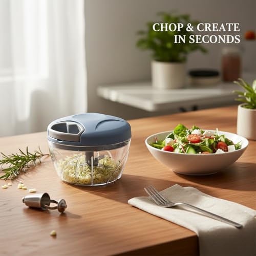 Manual Pull-String Food Chopper for Garlic, Herbs & Onions - Compact