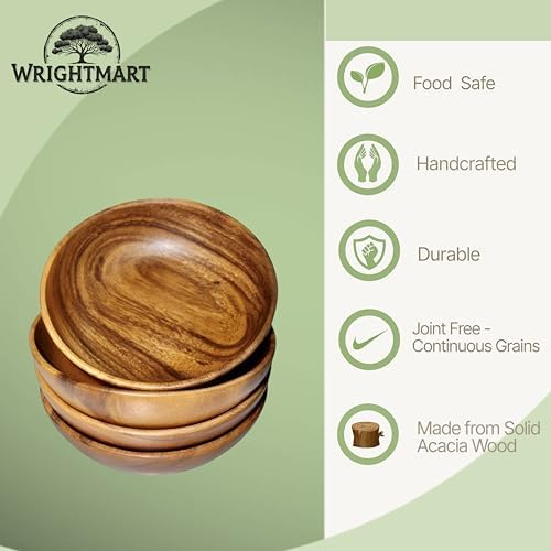 Wood Bowls for Food, Set of 4, 7 In Solid Acacia Salad, Cereal & Pasta