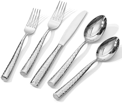 KINGSTONE Hammered Flatware Set, 60-Piece 18/10 Stainless Steel