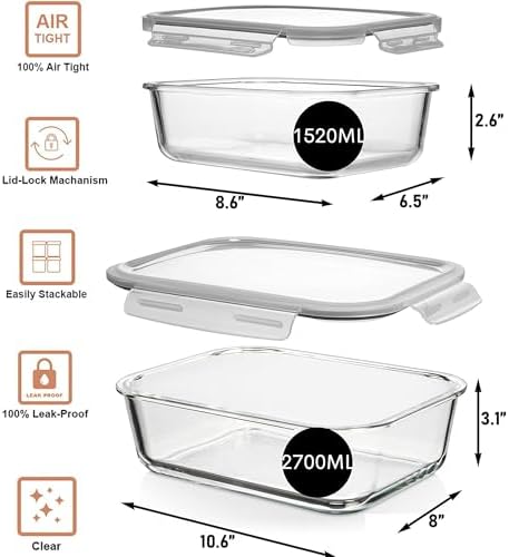 Razab 4-Piece 91 Oz & 51 Oz Glass Food Storage Containers with Lids