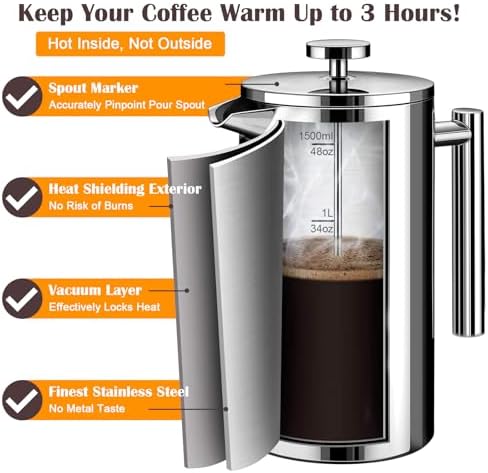 LANTE French Press Coffee Maker, 1.5L Double Insulated 304 Stainless