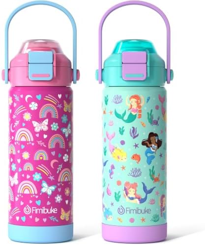 Fimibuke 18oz Kids Insulated Water Bottle with 2-in-1 Straw & Spout