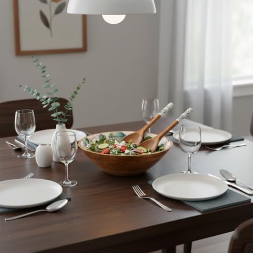 12.5" Large Wooden Salad Bowl with Servers, 3 Piece Wood Serving Bowl
