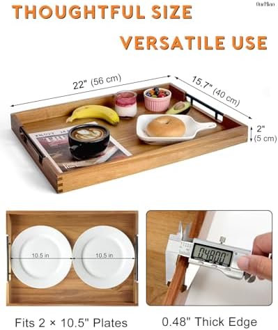 22" x 15.75" Wooden Serving Tray with Handles, Acacia Ottoman Tray