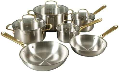 Oster Platinum Sunstreak Pots and Pans Set, 10-Piece Stainless Steel Cookware Set with Glass Strainer Lids and Gold Handles, Induction Cookware Set