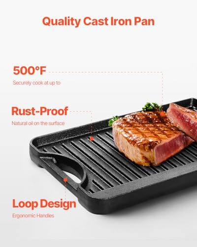 VEVOR Reversible Grill/Griddle, 14x8.5 inch Pre-Seasoned Cast Iron Griddle, Portable Rectangular Pan with Handle, Family Cookware for Indoor/Outdoor Stove Top Burner, Gas, Camping BBQ, Black