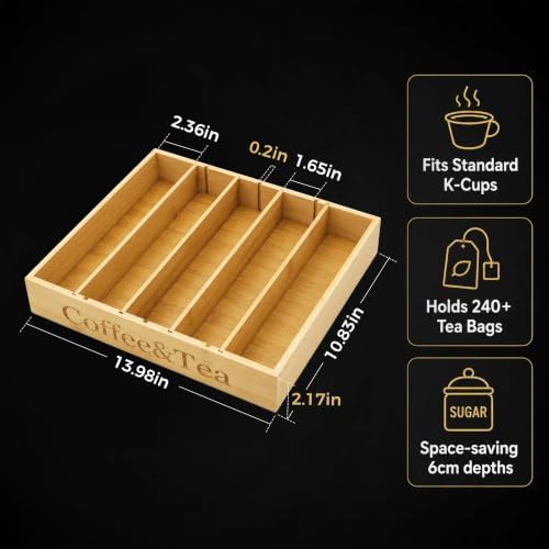 MinBoo Premium Bamboo Coffee Station & Tea Bag Organizer Box -7 Adjustable Slots with Removable Dividers, Silicone Non-Slip Pads - Eco-Friendly Countertop & Drawer Storage for K-Cups, Office Breakroom