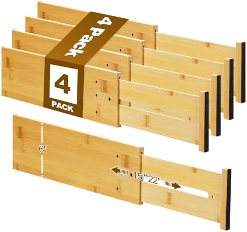 DoubleFill 4 Pcs 6 Inch High Drawer Dividers 15"-22" Adjustable, Wood