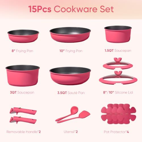 CAROTE 15pcs Pots and Pans Set Non Stick, Cookware Set Detachable