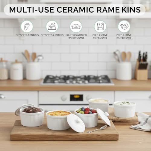 Ceramic Ramekins with Porcelain Lids, 6 Oz Creme Brulee, Souffle