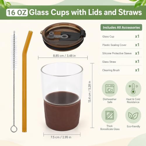 16oz Coffee Tumbler, Reusable Borosilicate Glass Cups with Lids and
