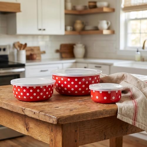 Milisten 5-Piece Enamel Bowls with Lids, Retro Nesting Food Storage