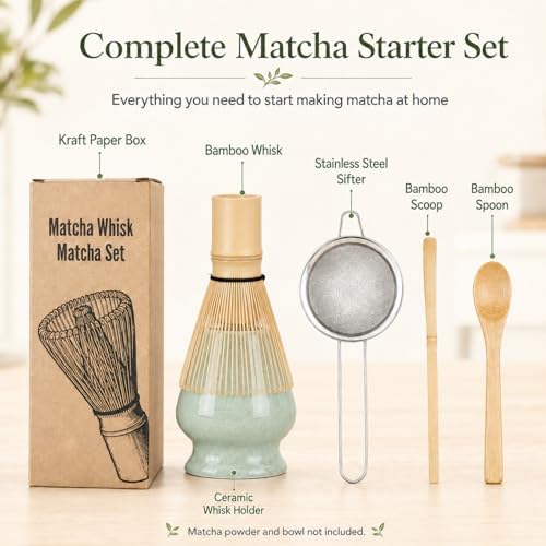 Matcha Whisk Set, 5 Pcs Matcha Kit with Bamboo Chasen Whisk, Ceramic