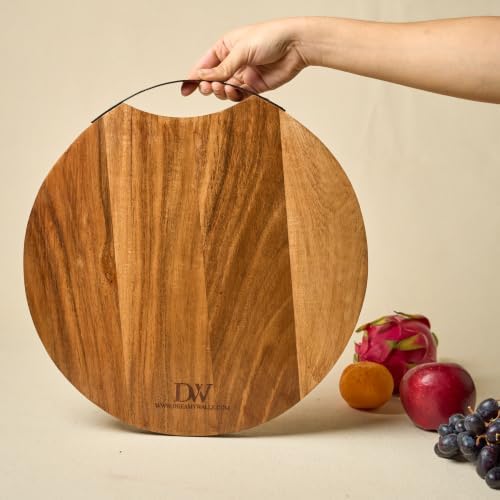 Wooden Round Serving Platter Tray 14'' with Metal Handle | Handmade