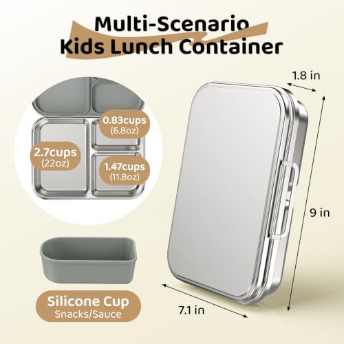 Pawtong Stainless Steel Bento Box, 3 Compartments (Grey)