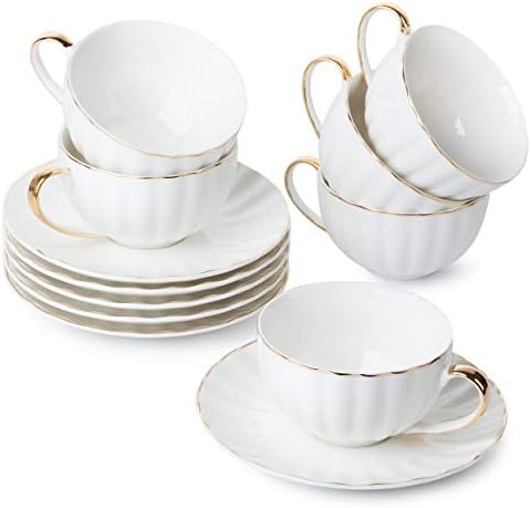 BTaT- Cappuccino Cups with Saucers 7 oz, Set of 6, Golden Trim Design