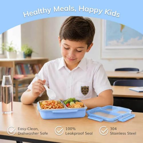 KHOXU Stainless Steel Lunch Box for Kids, Bento Box Adults, 28oz Blue