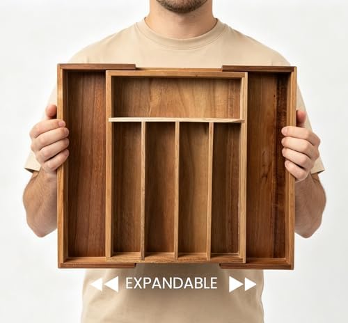Fibogollo Expandable Kitchen Drawer Organizer,Acacia Wood Silverware Organizer,Adjustable Flatware Tray for Utensils(13.78 * 10.24~16.14 * 1.97)