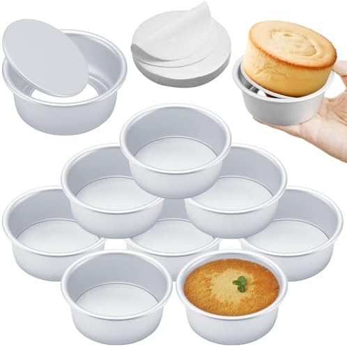 4 Inch Cake Pan Set of 8, Aluminum Mini Cake Pans & 100PCS Parchment