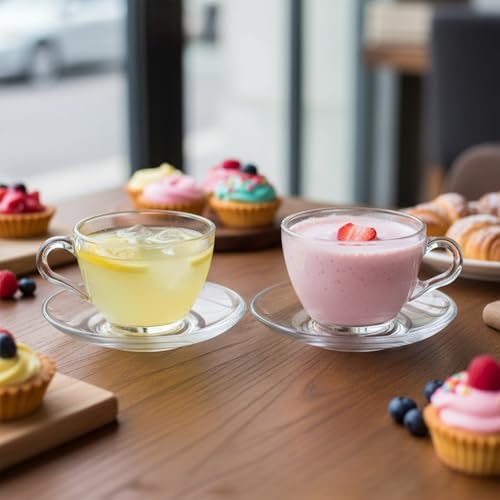Tosnail 6 Pack 7-Ounce Glass Tea Cups and Saucers Sets Glass Coffee