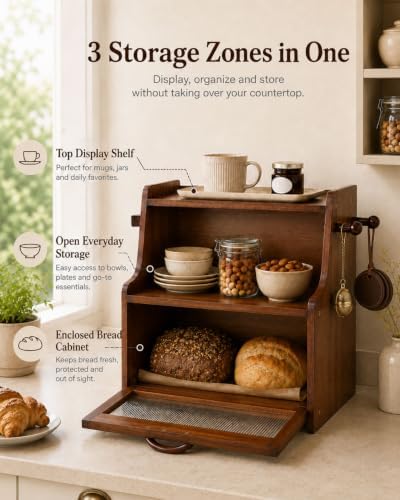 Brown Bread Box for Kitchen Countertop, Wooden Bread Storage Container with Shelf, Coffee Bar Organizer and Bread Keeper for Bread, Bagels and Pantry
