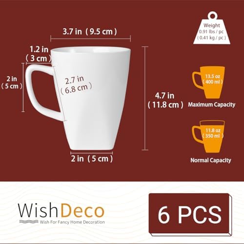 WishDeco White Coffee Mugs Set of 6, Ceramic Coffee Cups 14 oz