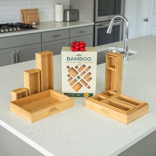 Grow Forward Bamboo Drawer Organizer Boxes - Set of 14 Wooden Drawer